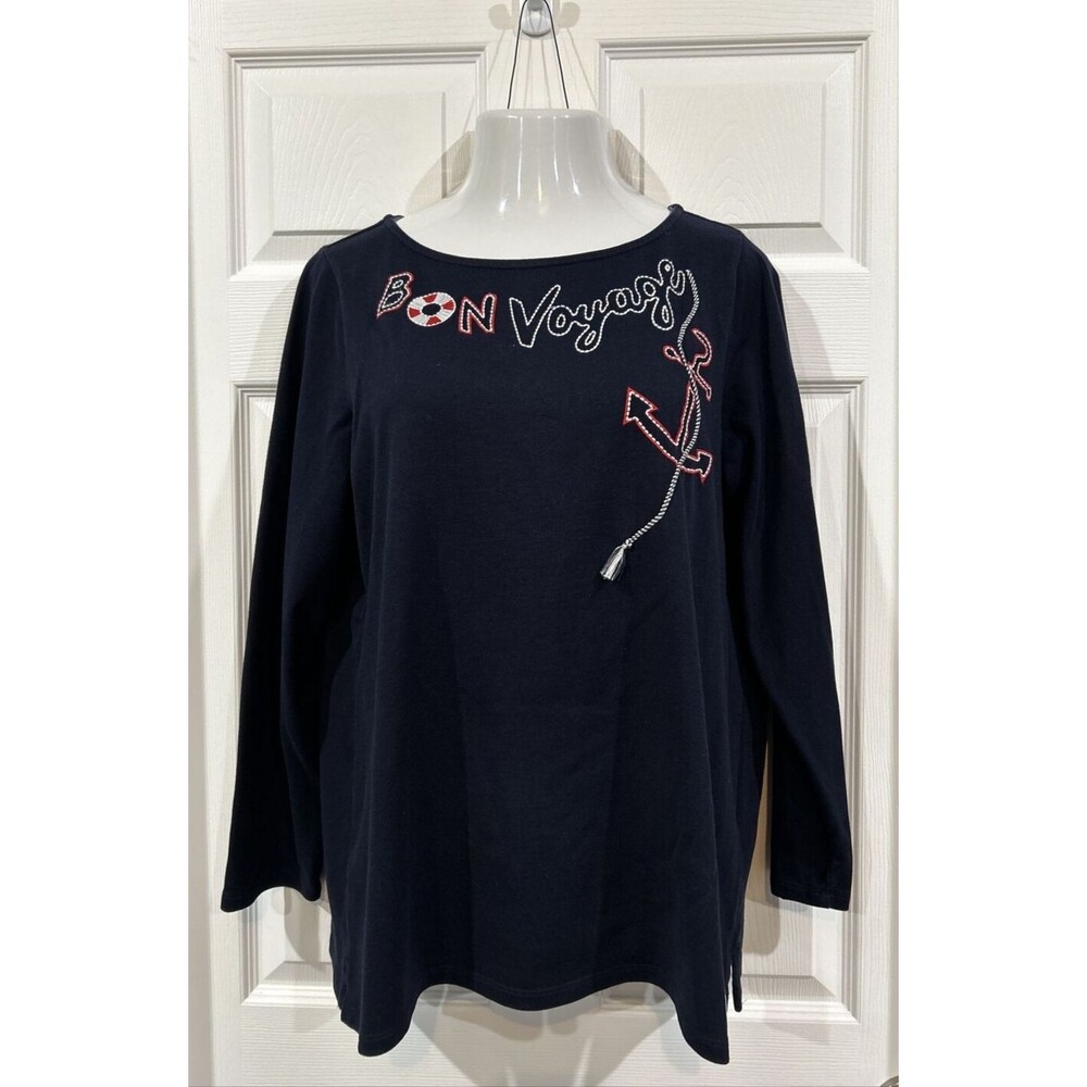 Talbots Bon Voyage Embroidered Cotton Shirt Tunic Blue Plus Size 1X